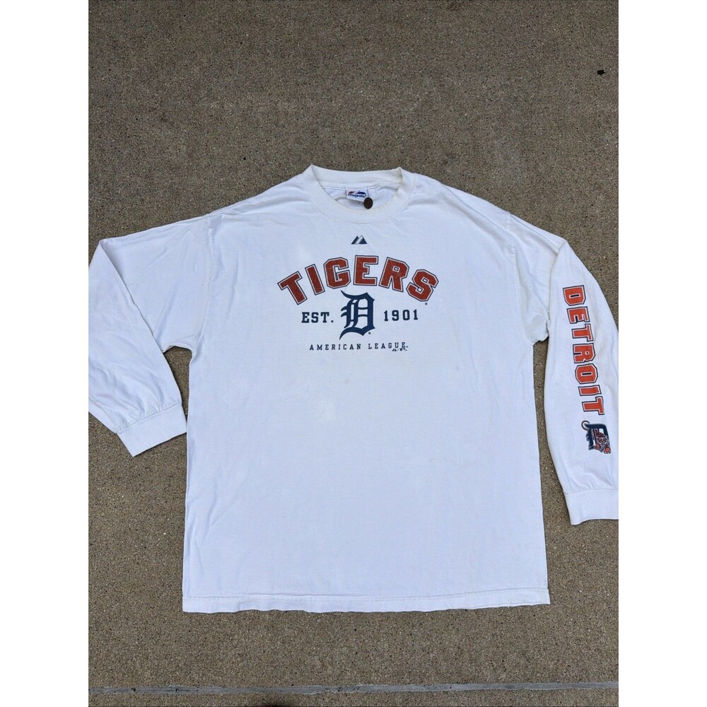Vintage Majestic Detroit Tigers Spell Out White Long Sleeve XL Shirt